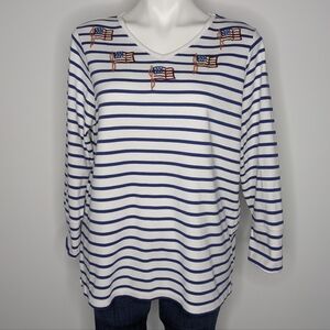 Quacker Factory Red White Blue Patriot American Flag Striped Long Sleeve Top L